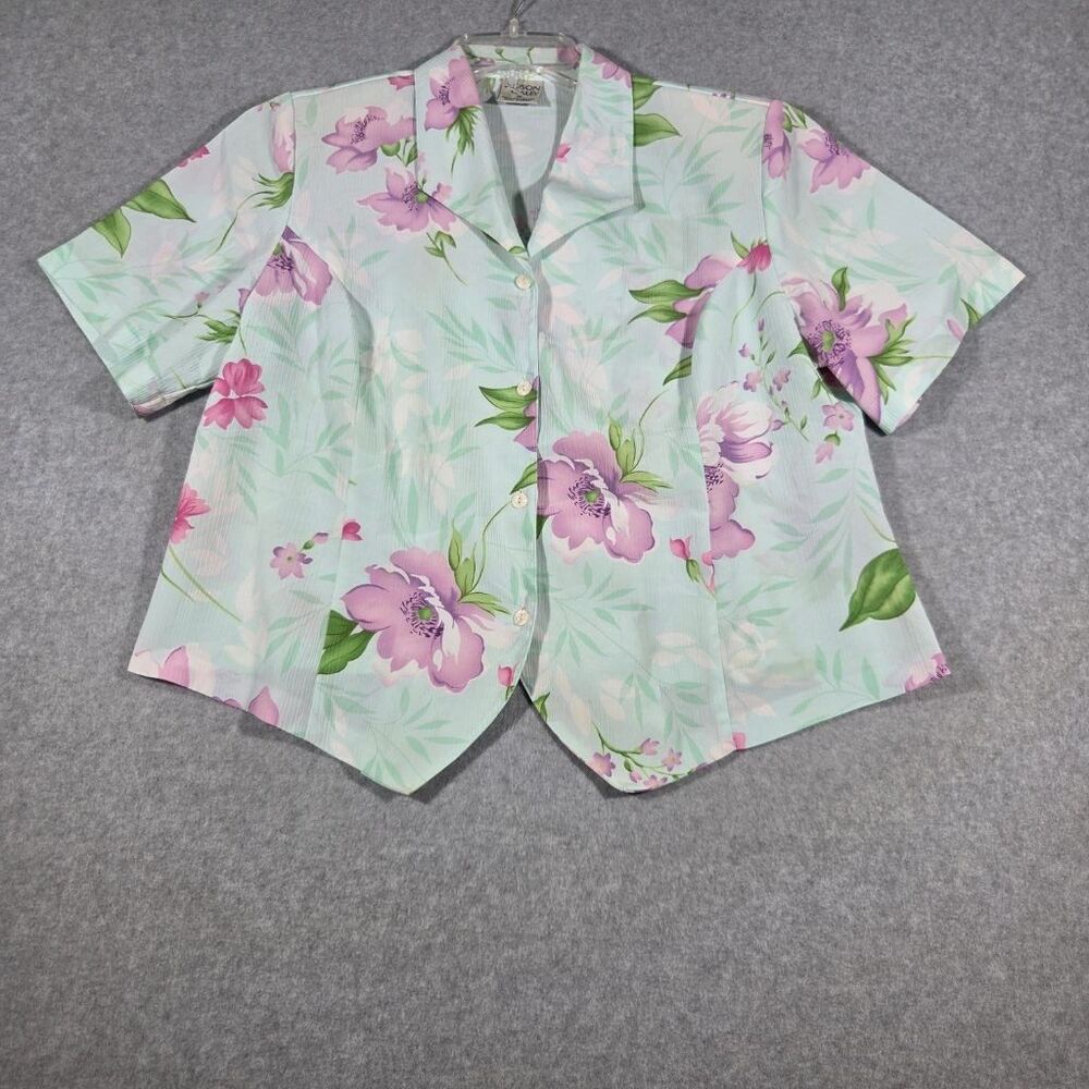 Allison Daley Womens 16 Floral Blouse Short Sleeve Button Up Mint Green Purple